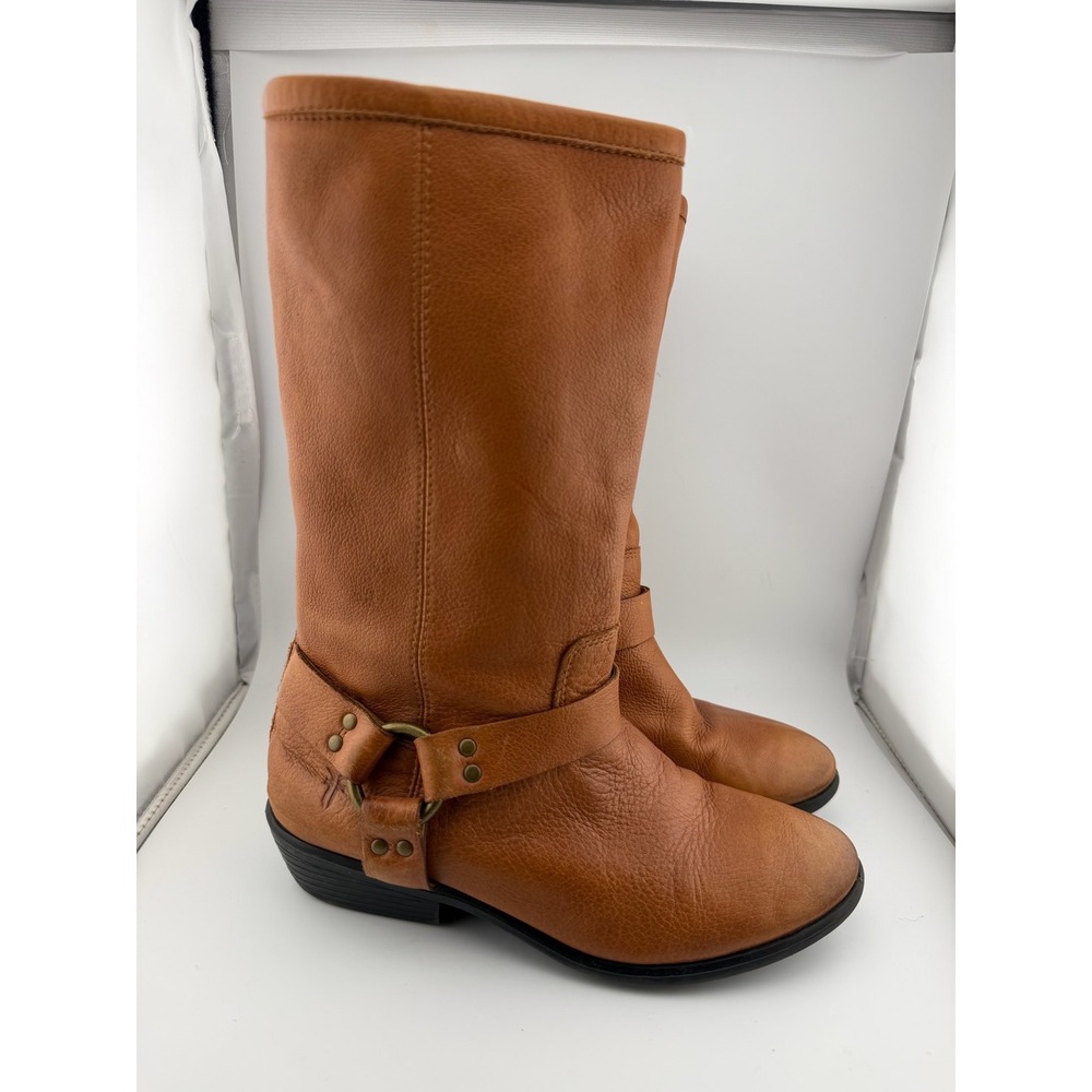 Frye Harness Boots Size 3.5 Cognac Brown Good Leather Back Zip Moto 7200044